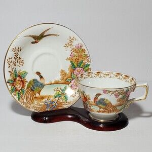 Sutherland Teacup Saucer Exotic England Pheasant Flowers Vintage